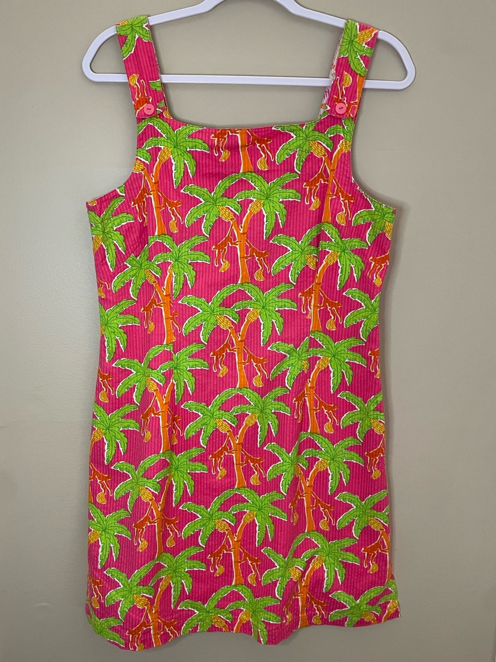 Lilly Pulitzer Seersucker Pink, Green Orange Monkey Palm Gone Bananas Dress Sz M